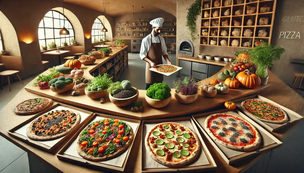 pizzeria counter showcasing emerging food trends with diverse pizzas